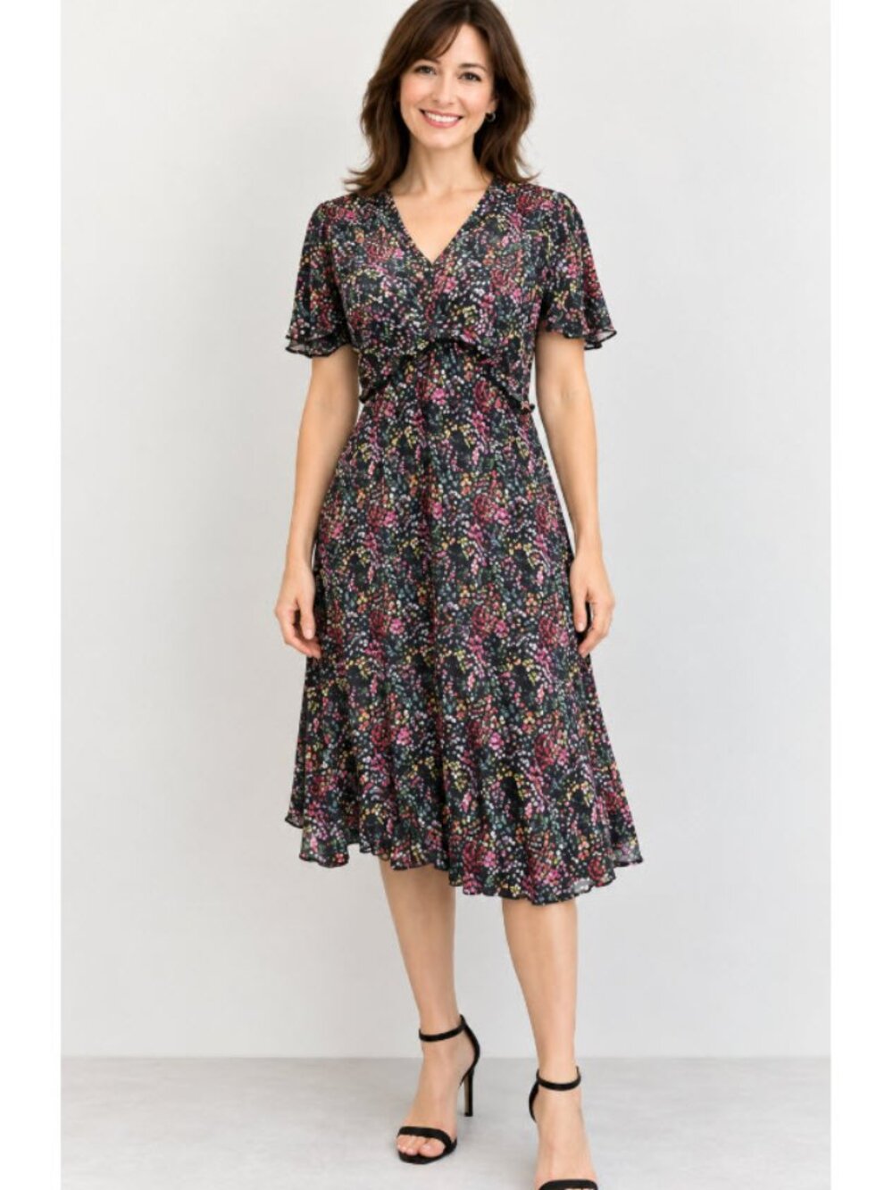 Floral Flutter Sleeve Midi Dress Smocked Waist Size EU 38 Workwear Cute Casual